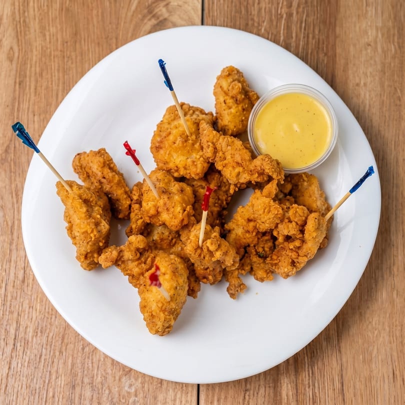 Crispy fried chicken tenders with colorful toothpicks and a side of honey mustard dipping sauce.