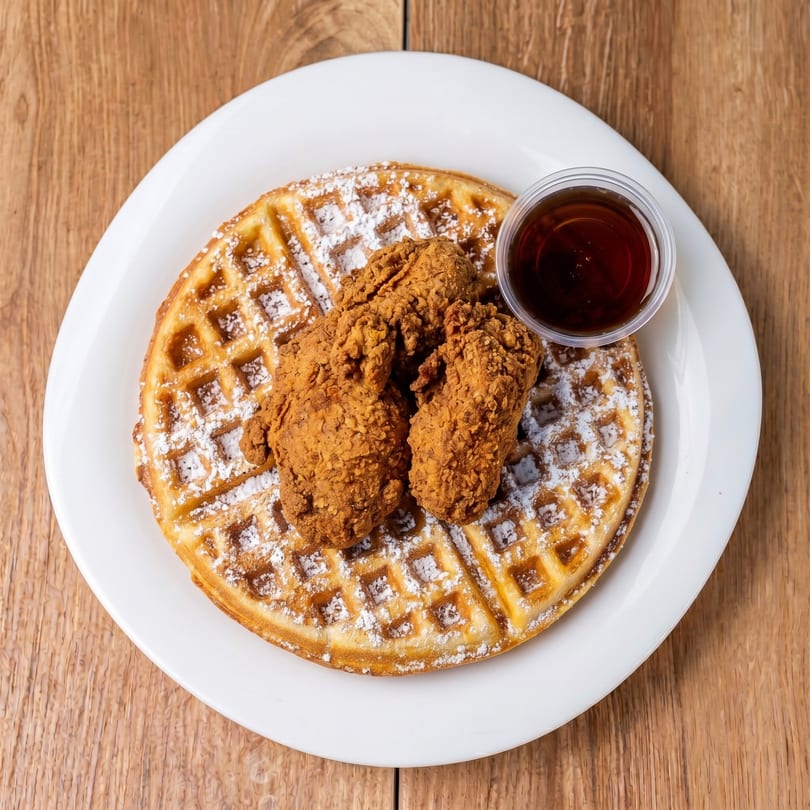 Golden waffle dusted with powdered sugar, topped with two pieces of fried chicken and a side of syrup.