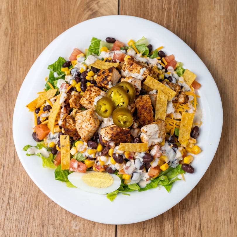 Grilled chicken salad with corn, black beans, tortilla strips, jalapenos, and a hard-boiled egg.