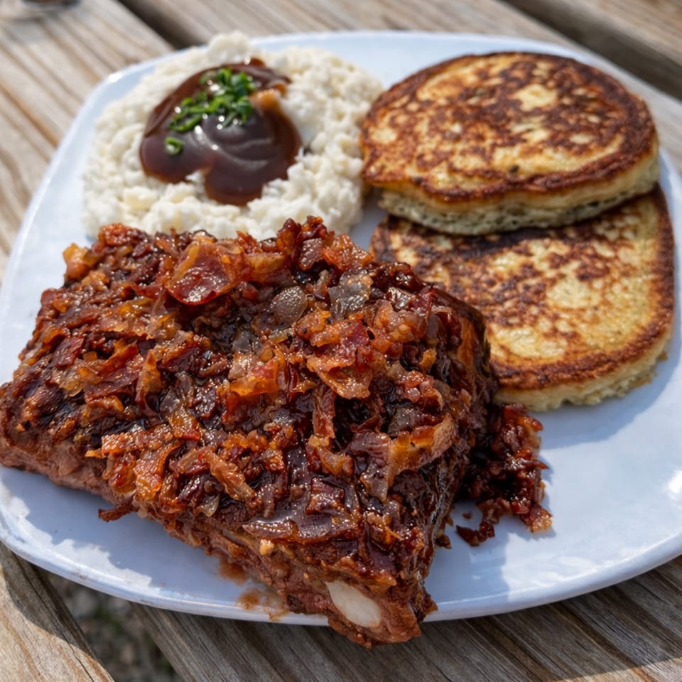 A plate of ribs topped with caramelized onions, mashed potatoes with gravy, and two pancakes.