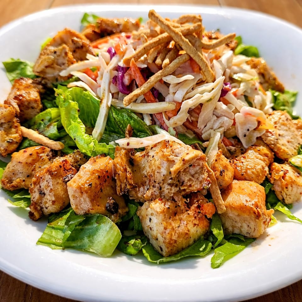 Grilled chicken salad with mixed greens, shredded cabbage, carrots, and crispy wonton strips.