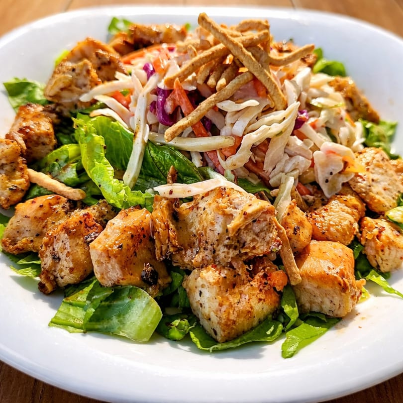Grilled chicken salad with mixed greens, shredded cabbage, carrots, and crispy wonton strips.